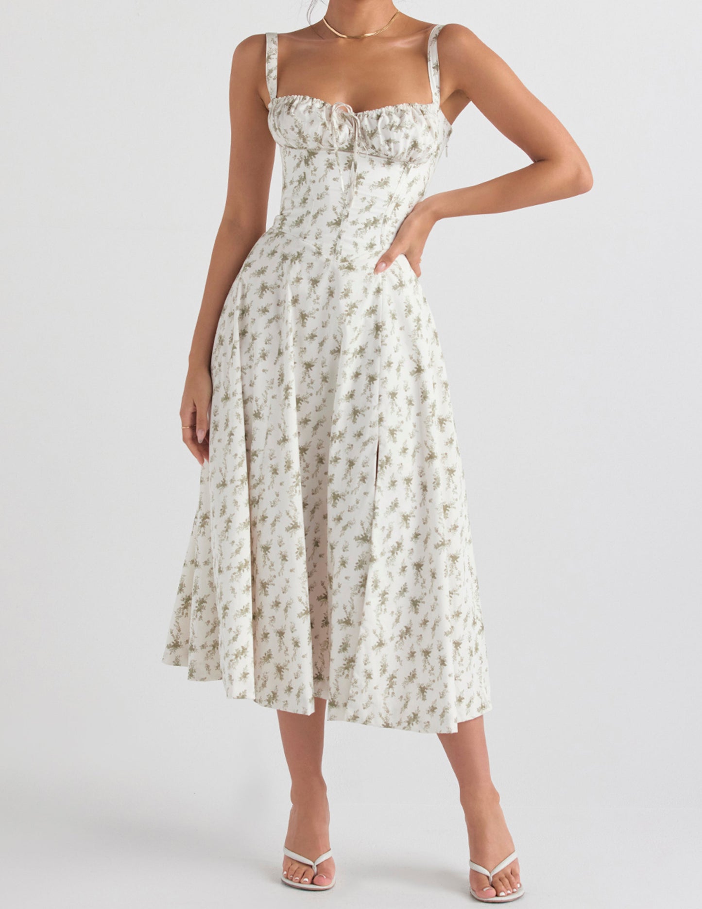 Floral Bustier Slip Dress with Thigh Slit