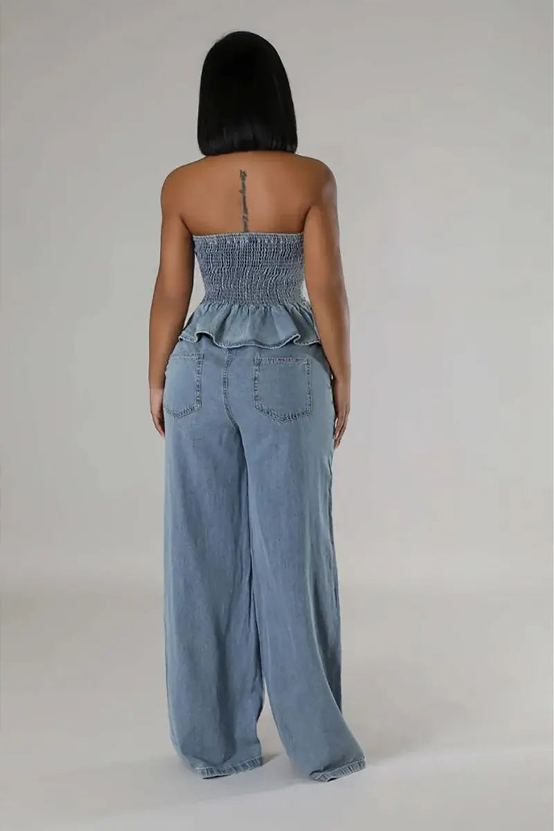 Harper - Ruffled Denim Crop & Wide-Leg Set