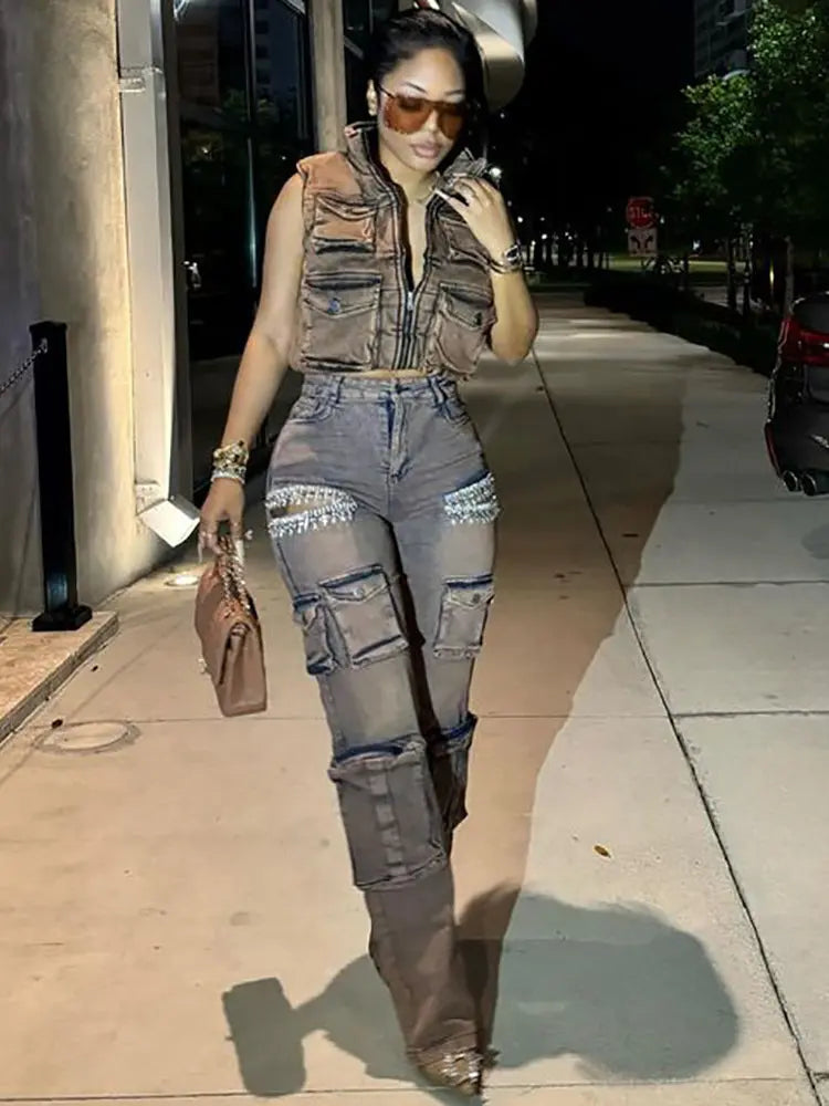 Stella – Glam Cargo Jeans With Fringe & Rhinestones