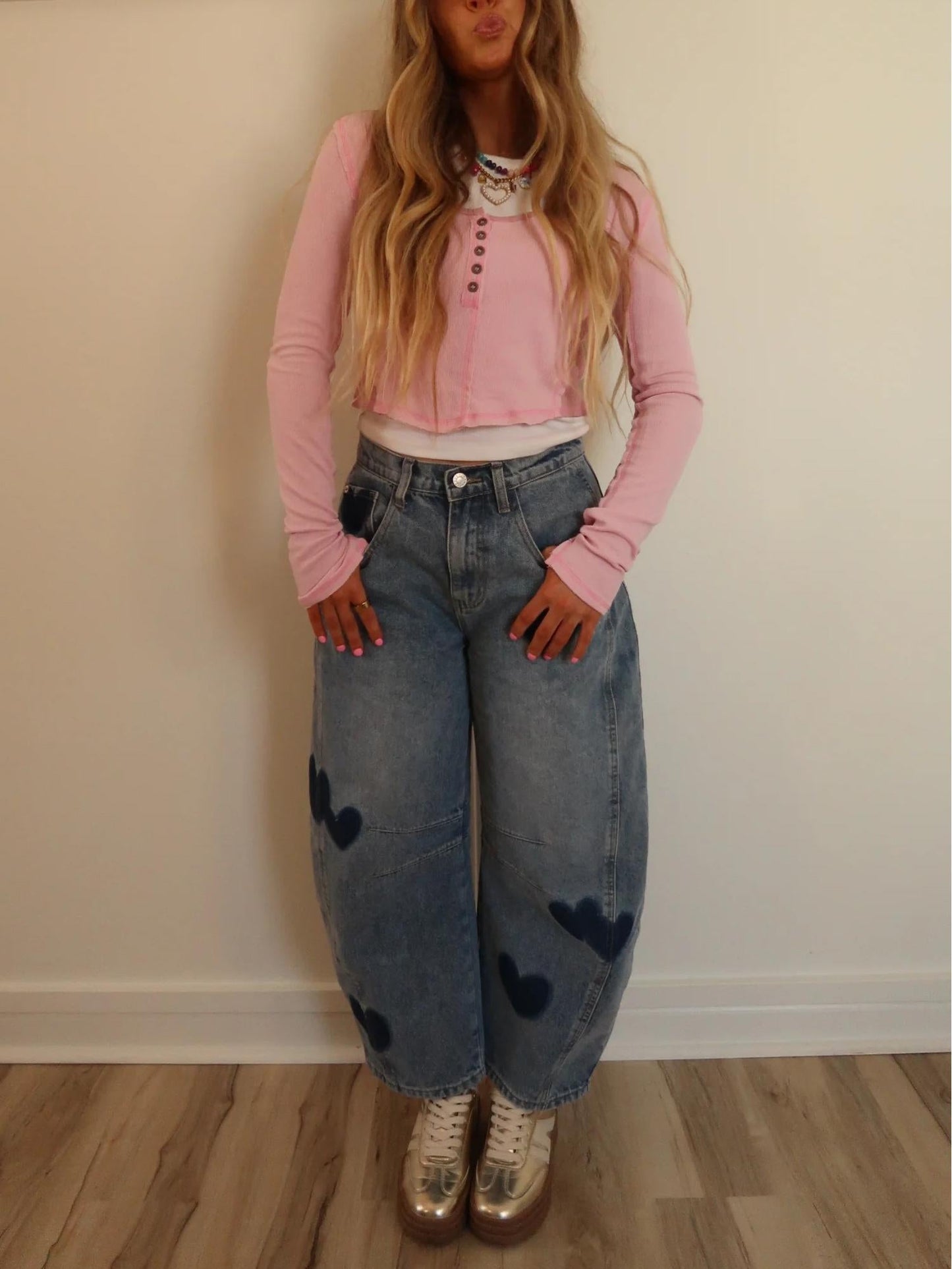 Sweetheart Barrel Leg Heart Print Jeans