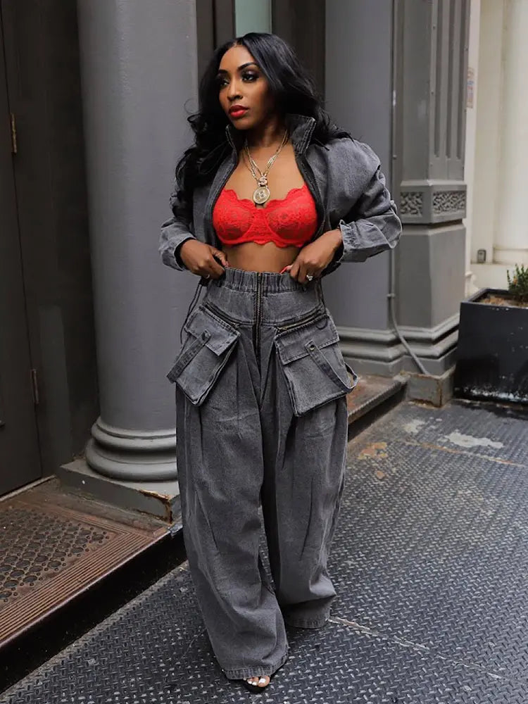Retro-Chic Wide-Leg Denim Set