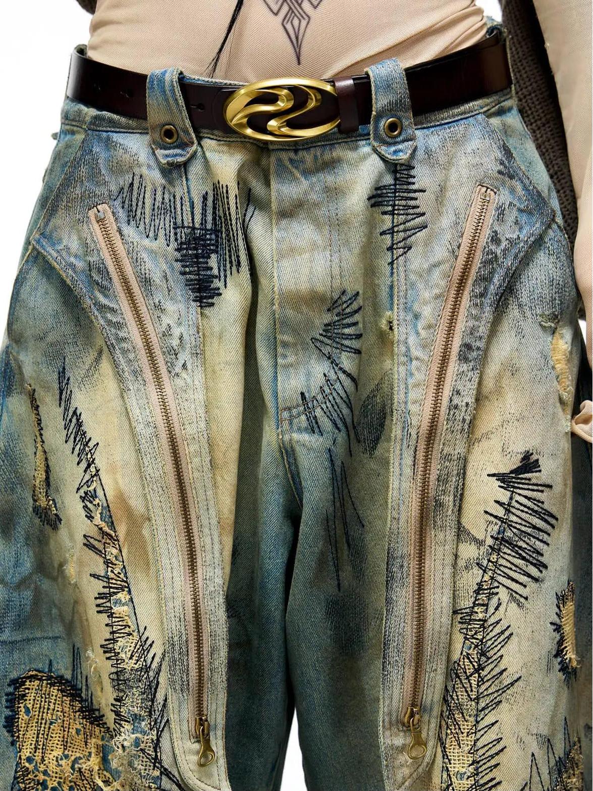 Plato-Dyed Curved Zipper Street Jeans