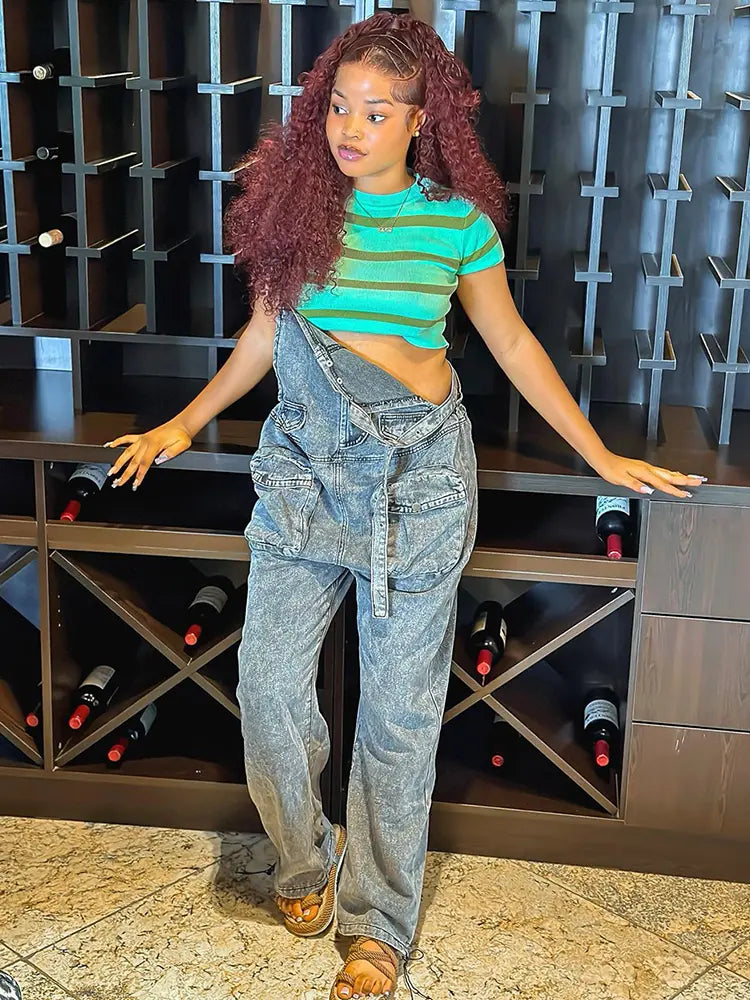 Chic Wide-Leg Denim Pocket Jumpsuit