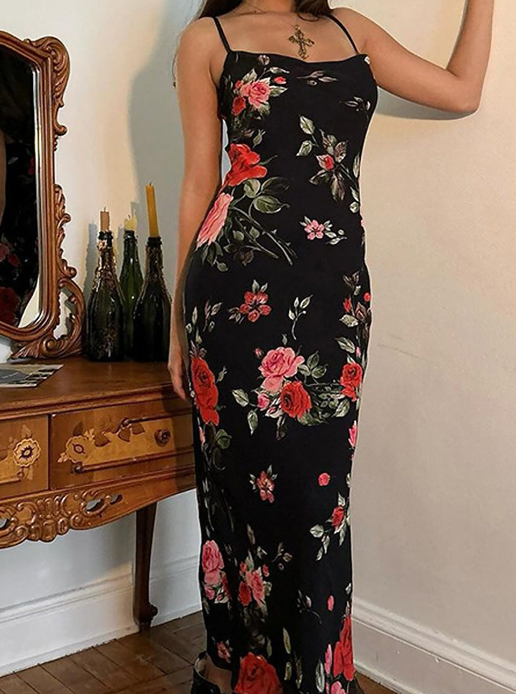 Floral - Mesh Spaghetti Strap Maxi Dress