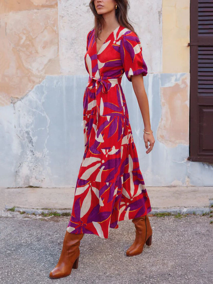 Elegant Chic - V-Neck Puff Sleeve Slit Printed Midi Dress