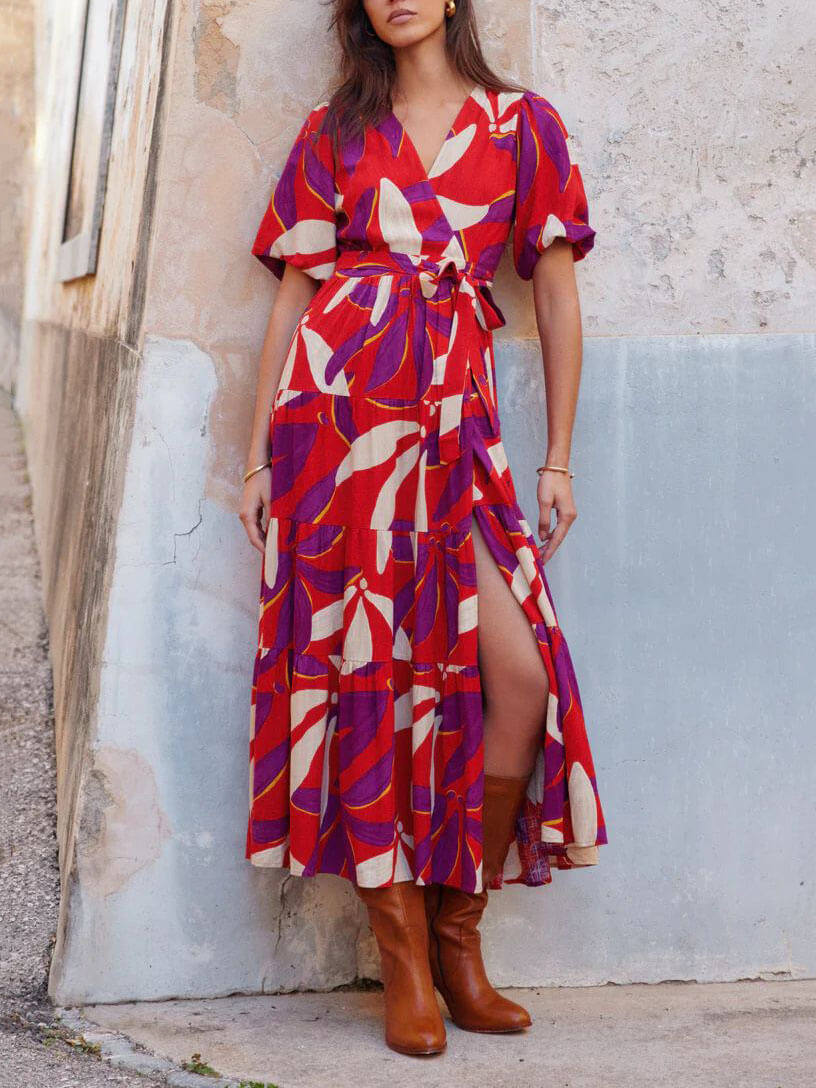 Elegant Chic - V-Neck Puff Sleeve Slit Printed Midi Dress