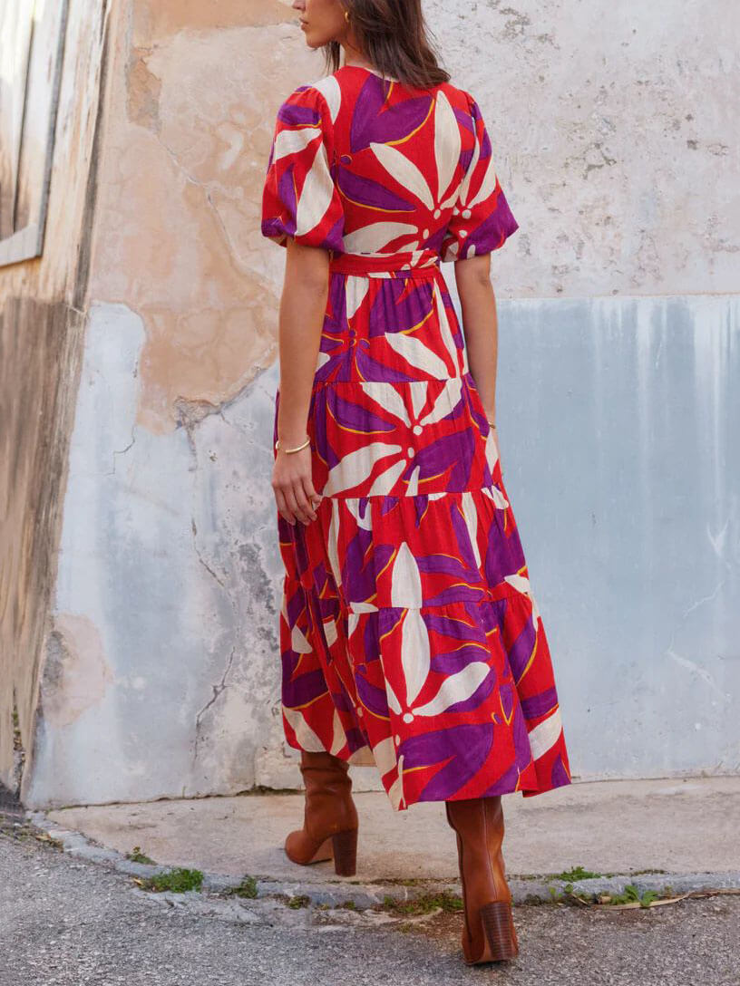 Elegant Chic - V-Neck Puff Sleeve Slit Printed Midi Dress