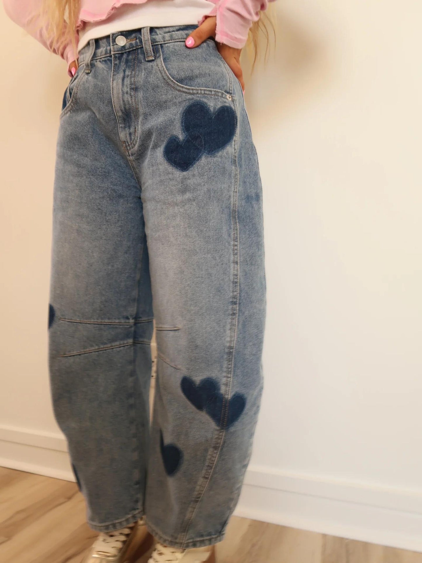 Sweetheart Barrel Leg Heart Print Jeans