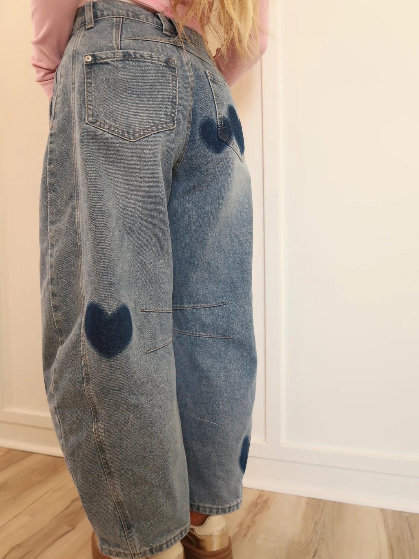 Sweetheart Barrel Leg Heart Print Jeans