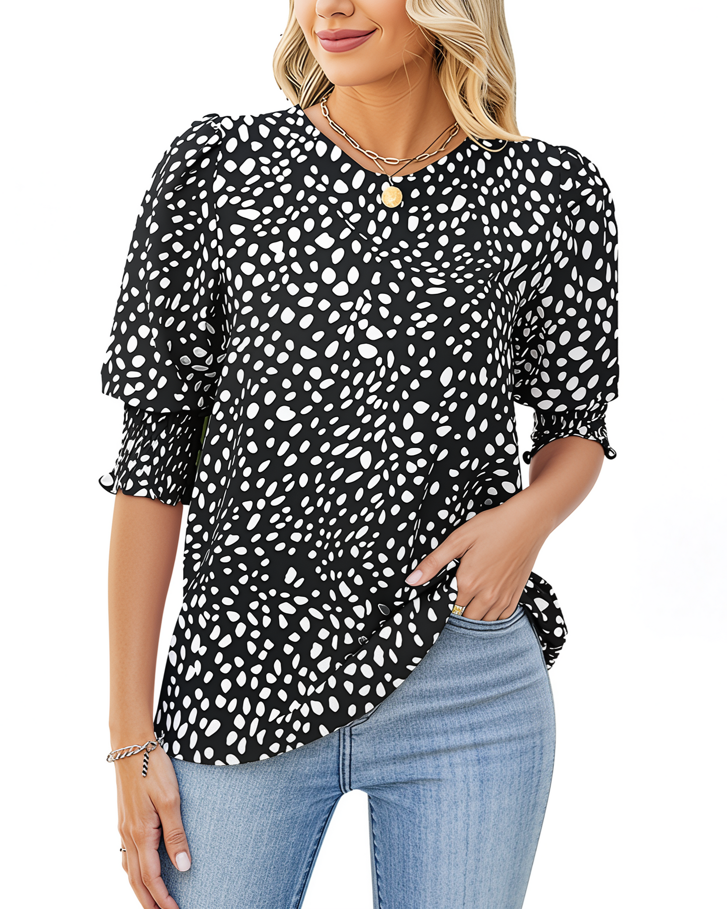 LUNA | Polka Dot Smocked Blouse