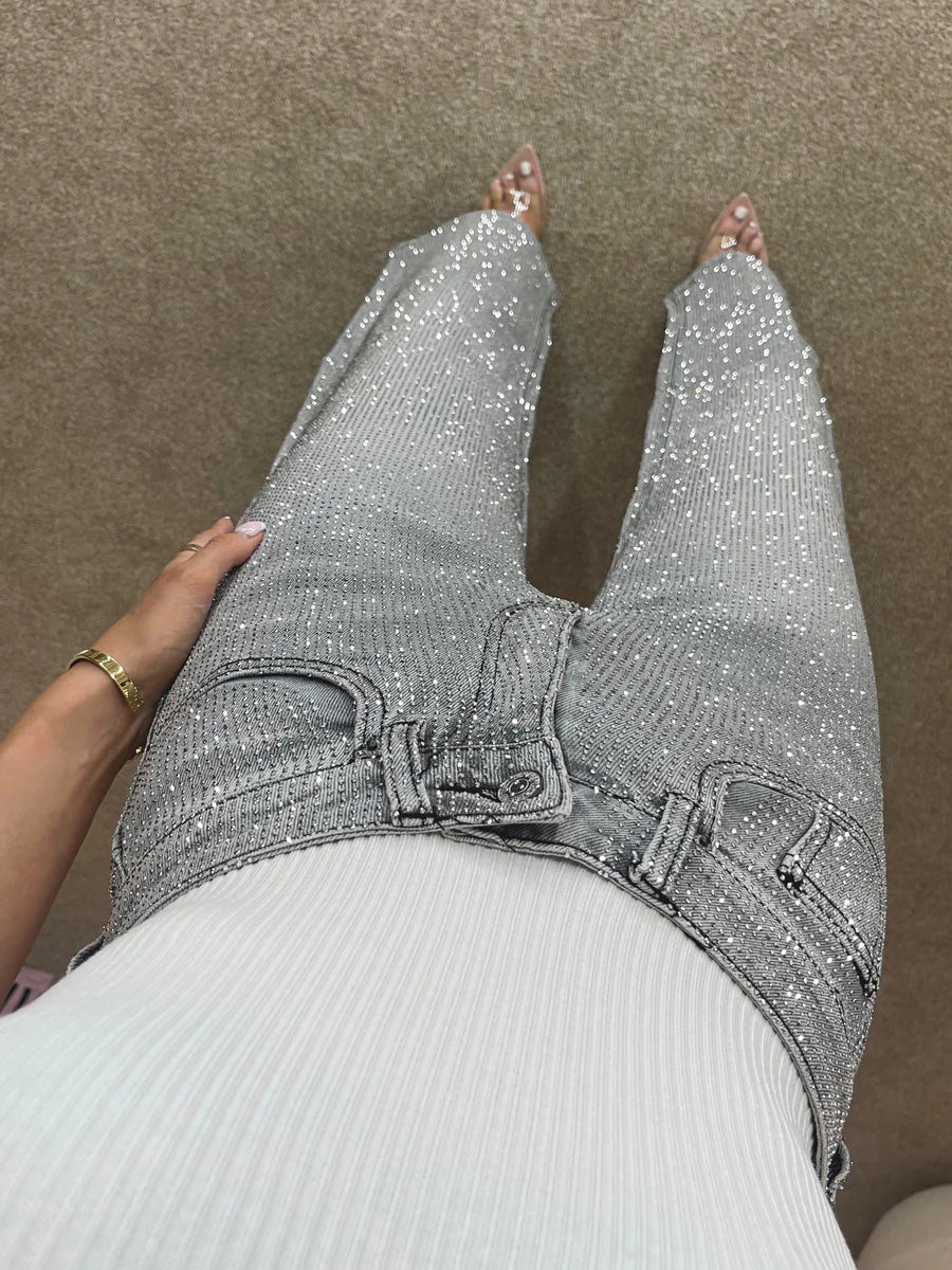 Storm Grey Diamanté Wide-Leg Statement Jeans