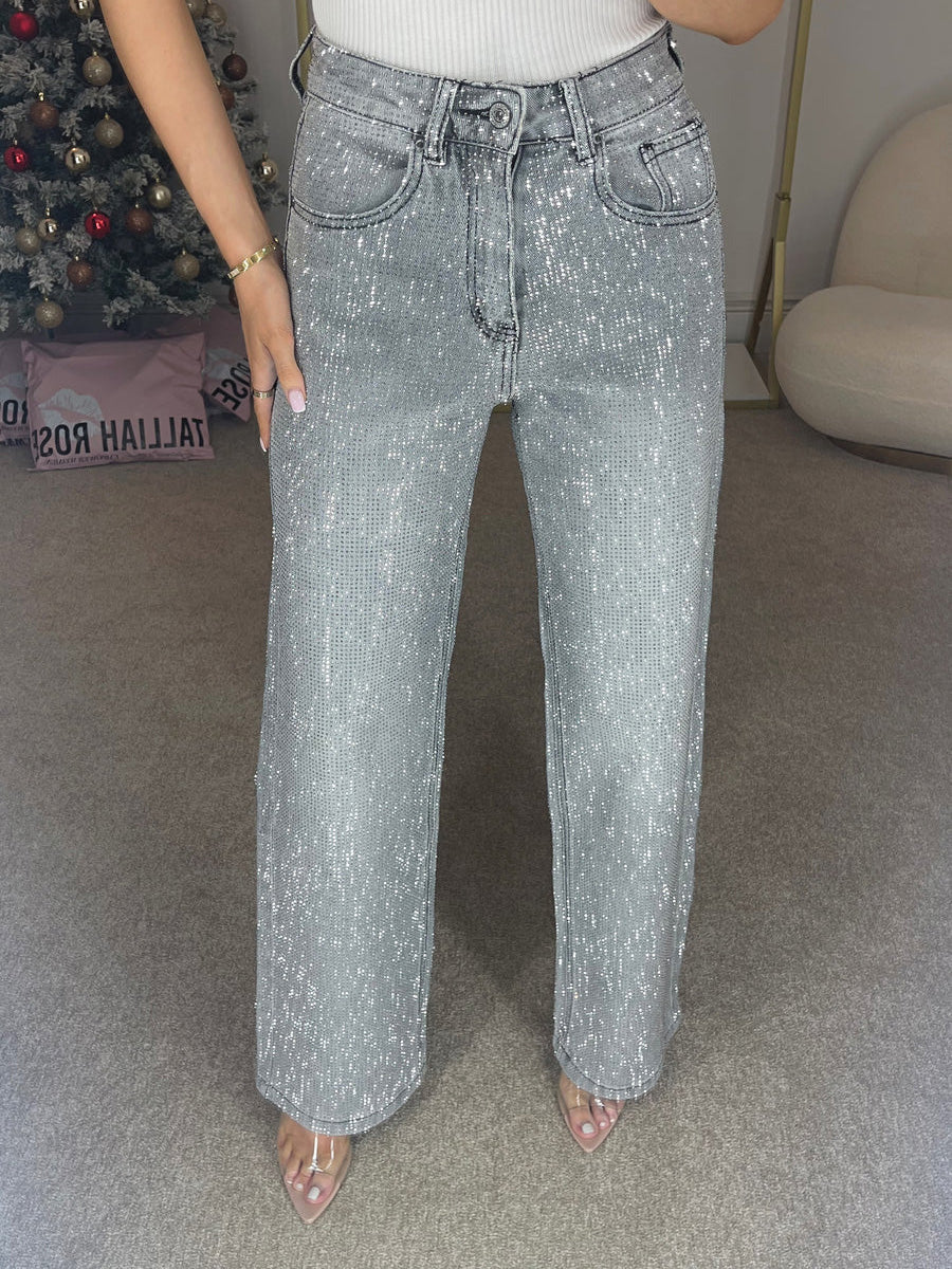 Storm Grey Diamanté Wide-Leg Statement Jeans