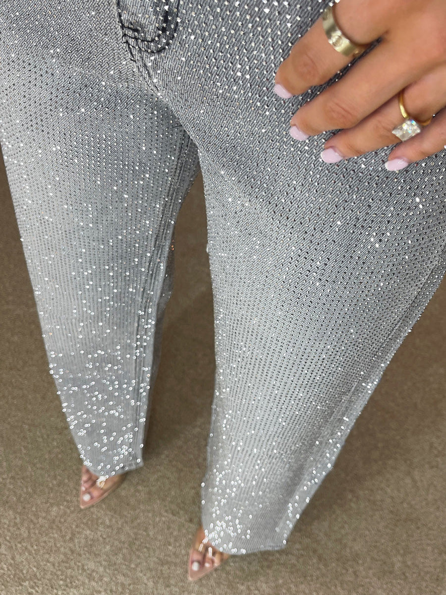 Storm Grey Diamanté Wide-Leg Statement Jeans