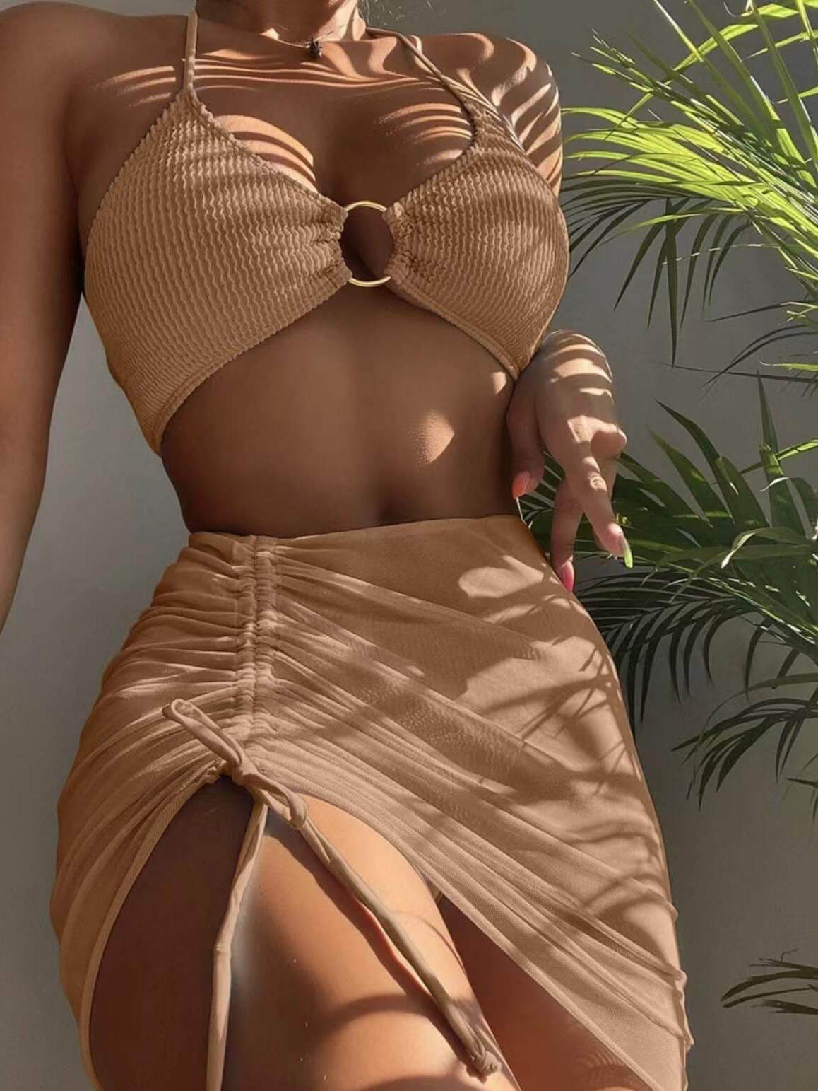 Bold & Sexy - Halterneck Solid Color Three-Piece Bikini