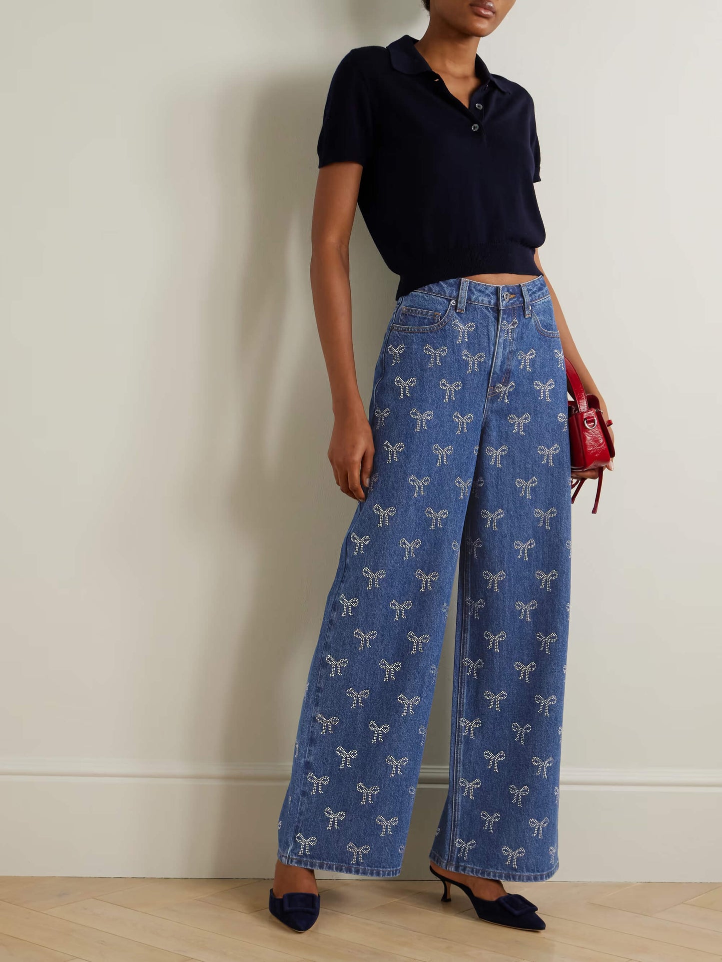 Crystal Bow Dream High-Rise Wide-Leg Jeans