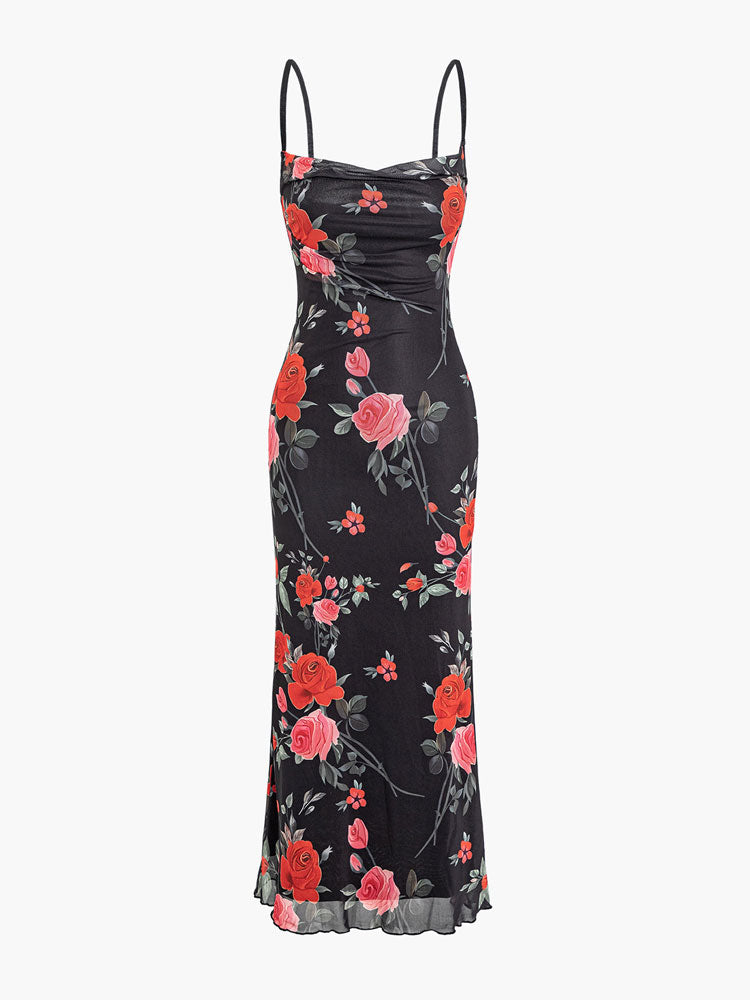Floral - Mesh Spaghetti Strap Maxi Dress