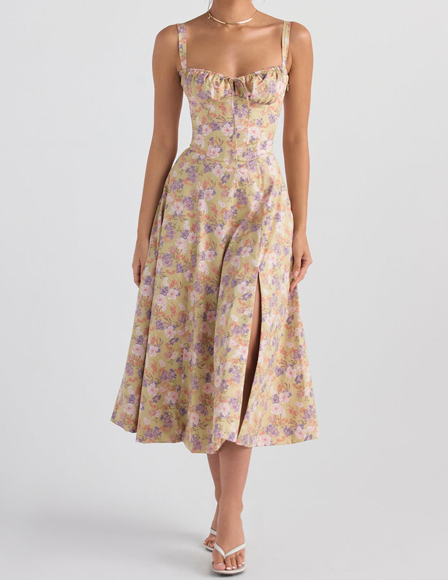 Floral Bustier Slip Dress with Thigh Slit