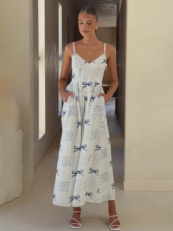 V-Neck Bow Print Backless Holiday Midi Dress
