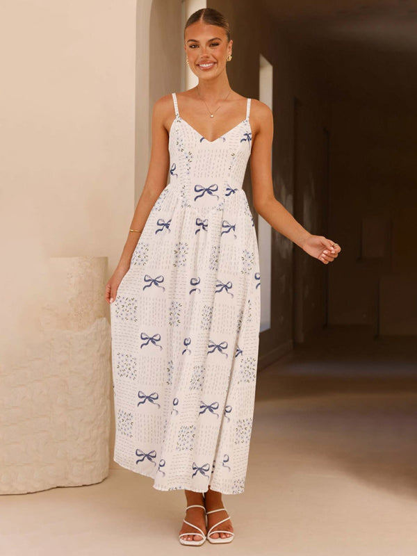 V-Neck Bow Print Backless Holiday Midi Dress