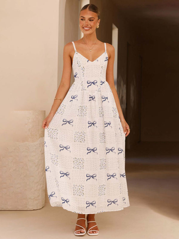 V-Neck Bow Print Backless Holiday Midi Dress