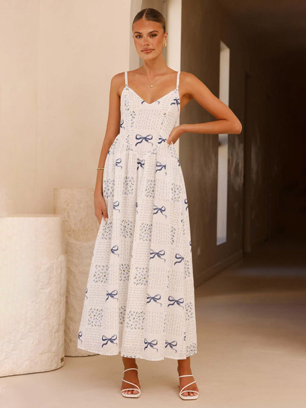 V-Neck Bow Print Backless Holiday Midi Dress