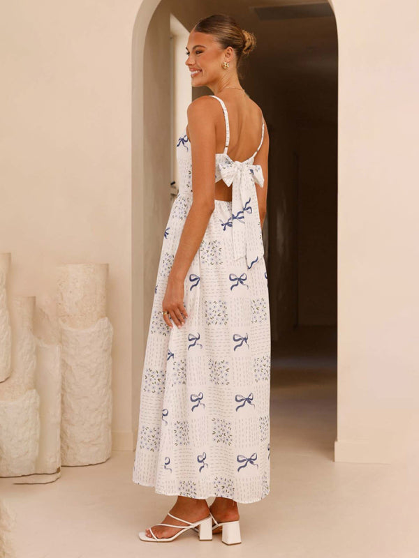 V-Neck Bow Print Backless Holiday Midi Dress