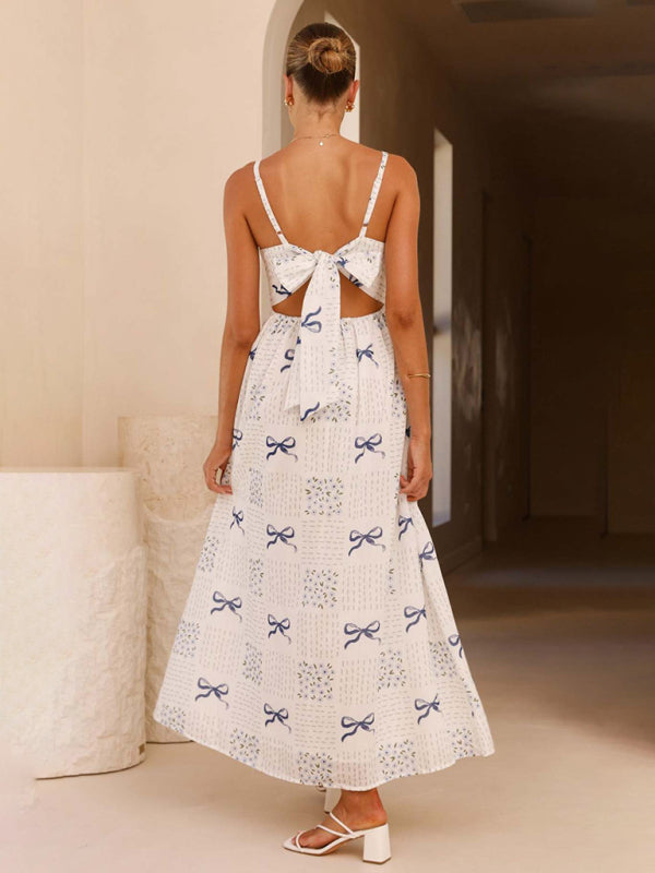 V-Neck Bow Print Backless Holiday Midi Dress