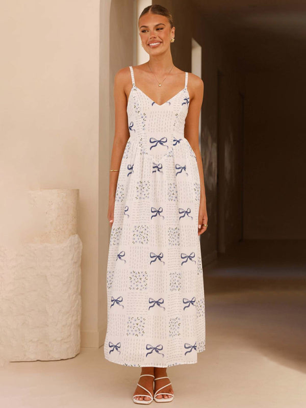 V-Neck Bow Print Backless Holiday Midi Dress