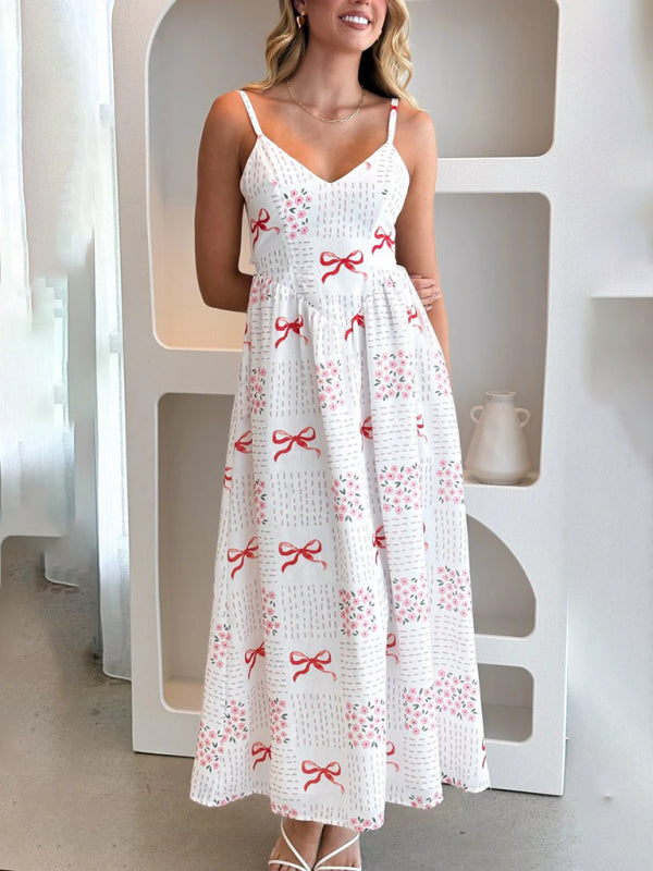 V-Neck Bow Print Backless Holiday Midi Dress