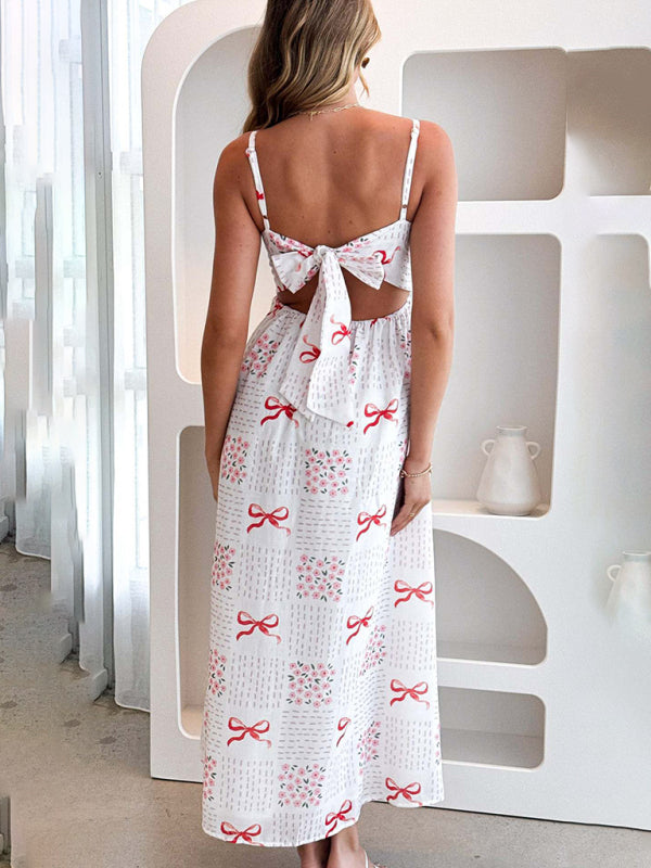 V-Neck Bow Print Backless Holiday Midi Dress