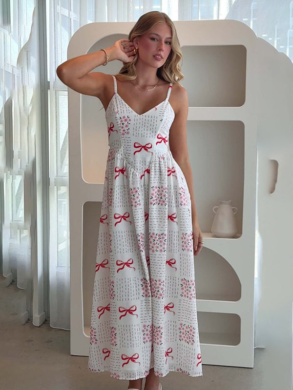 V-Neck Bow Print Backless Holiday Midi Dress