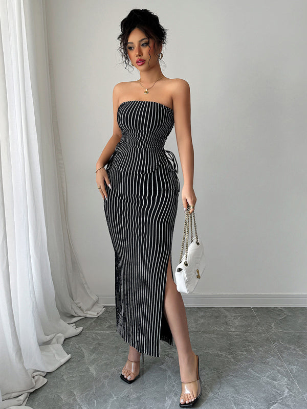 Chic Striped Knit Strapless Maxi Skirt Set