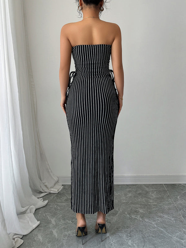 Chic Striped Knit Strapless Maxi Skirt Set