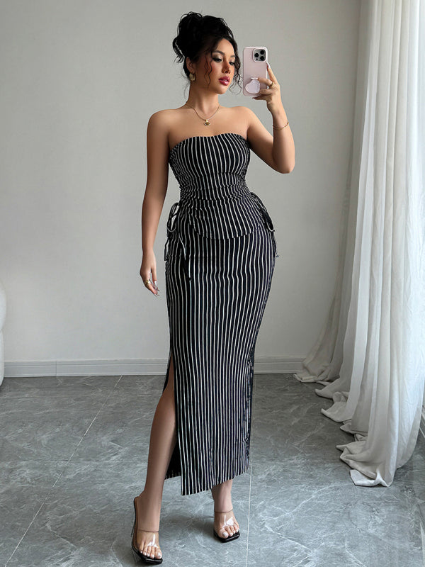 Chic Striped Knit Strapless Maxi Skirt Set
