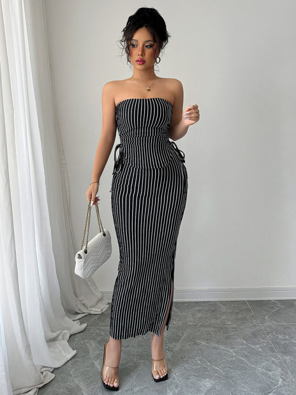 Chic Striped Knit Strapless Maxi Skirt Set