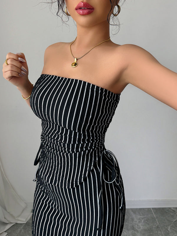 Chic Striped Knit Strapless Maxi Skirt Set
