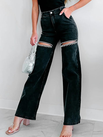 Crystal Chic Distressed Straight-Leg Statement Jeans