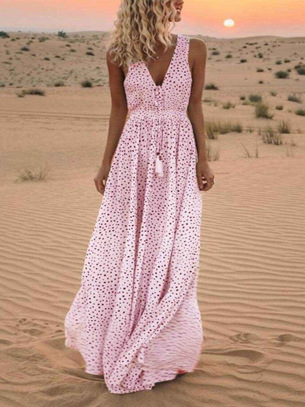 Bohemian V-Neck Sleeveless Polka-Dot Maxi Dress - Airnori