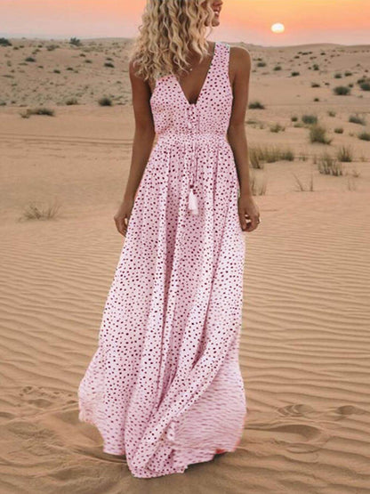 Bohemian V-Neck Sleeveless Polka-Dot Maxi Dress - Airnori