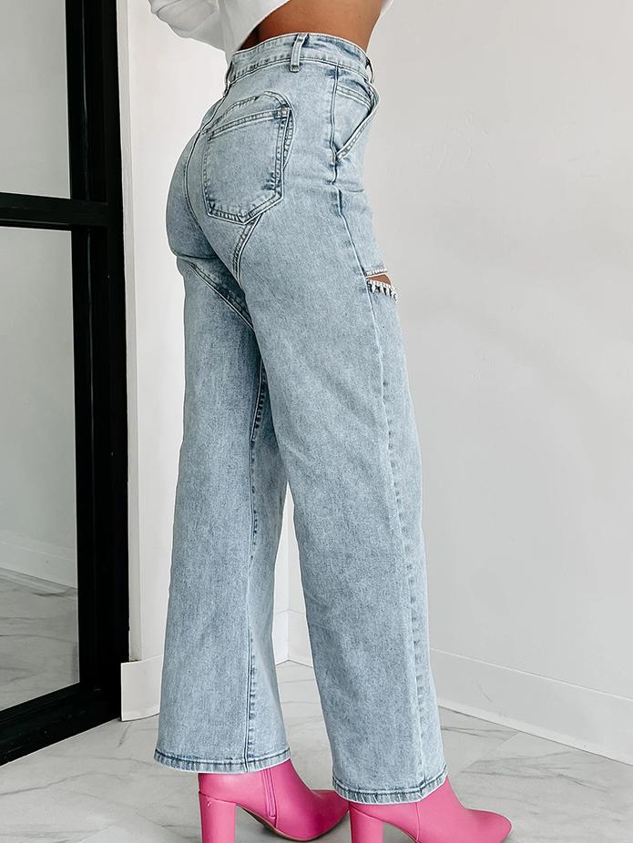Crystal Chic Distressed Straight-Leg Statement Jeans