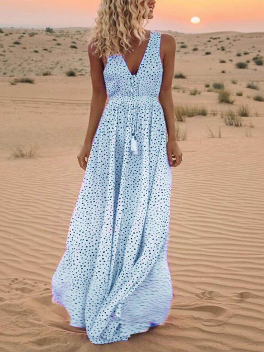 Bohemian V-Neck Sleeveless Polka-Dot Maxi Dress - Airnori