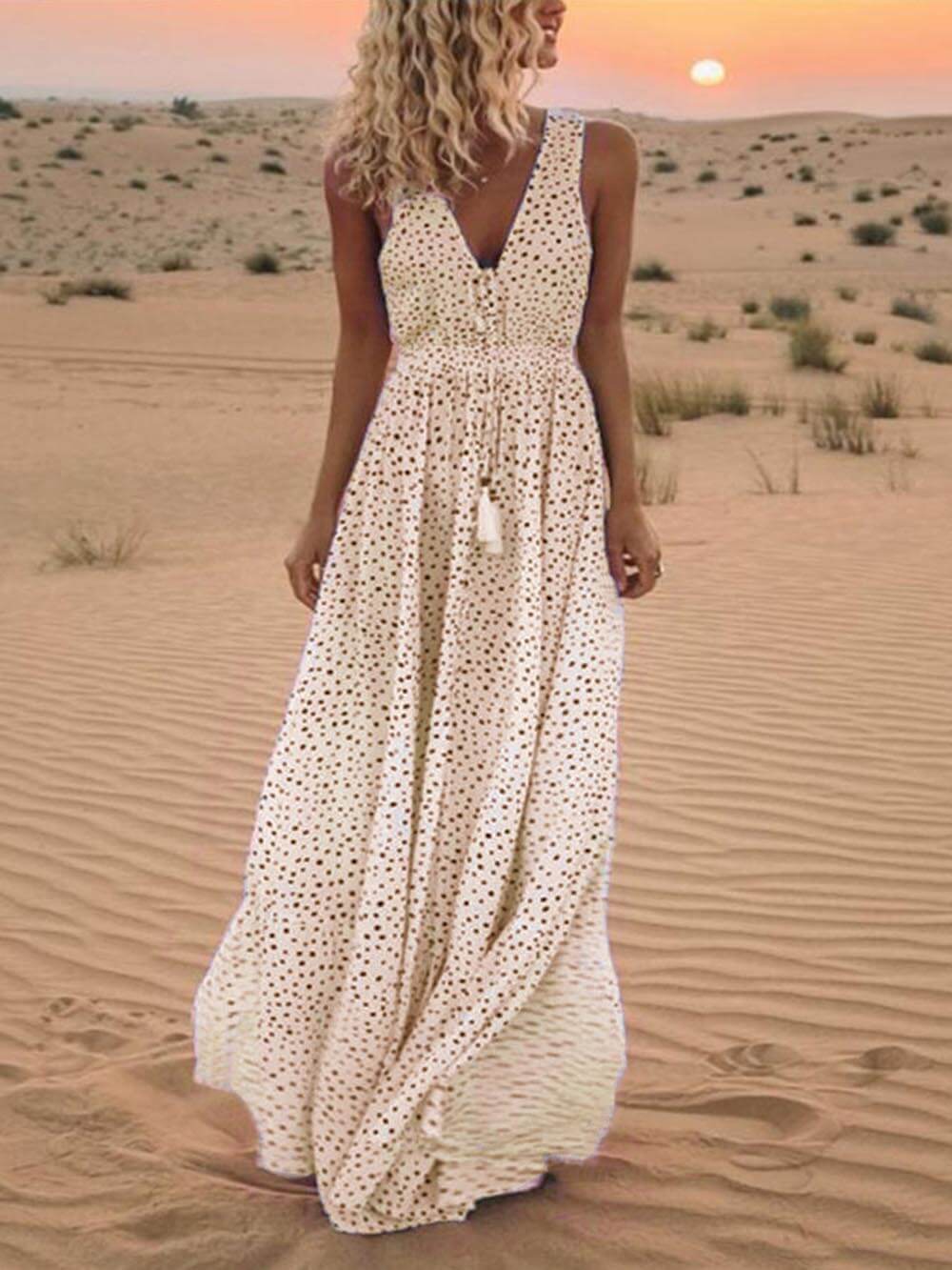 Bohemian V-Neck Sleeveless Polka-Dot Maxi Dress - Airnori