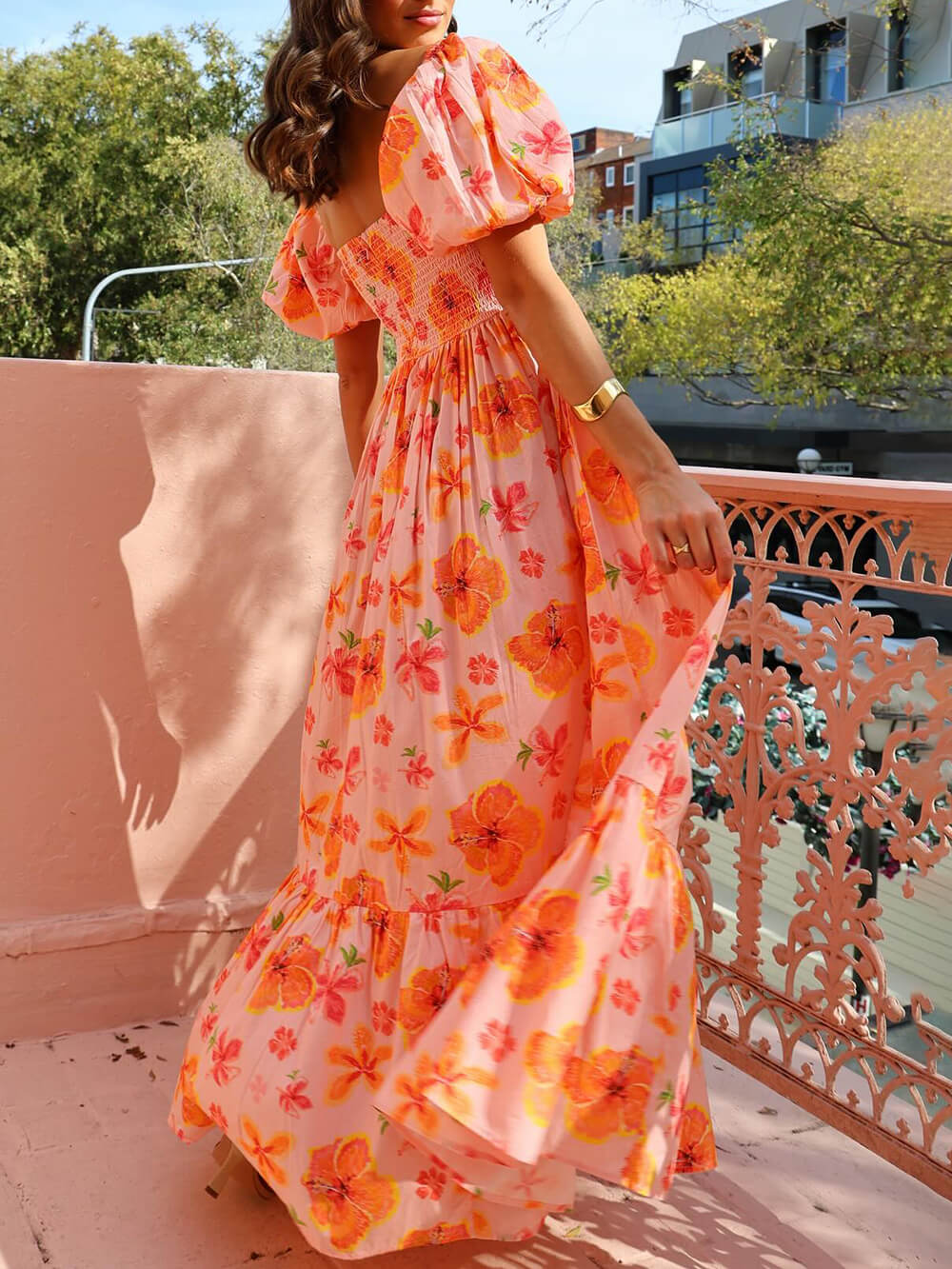 Floral Print Puff Sleeve Back Smocked Pocket Maxi Dress - Airnori