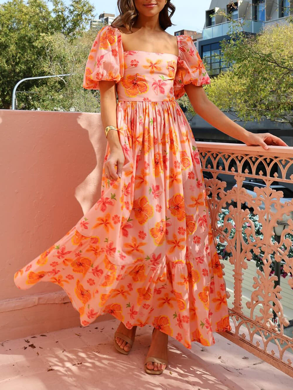 Floral Print Puff Sleeve Back Smocked Pocket Maxi Dress - Airnori