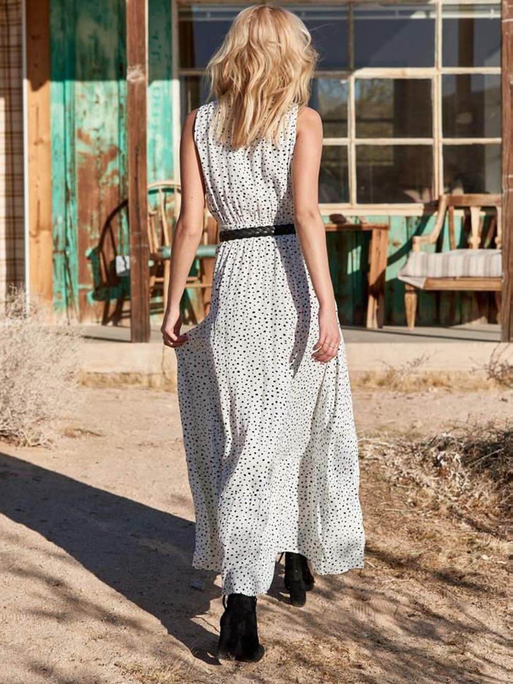 Bohemian V-Neck Sleeveless Polka-Dot Maxi Dress - Airnori