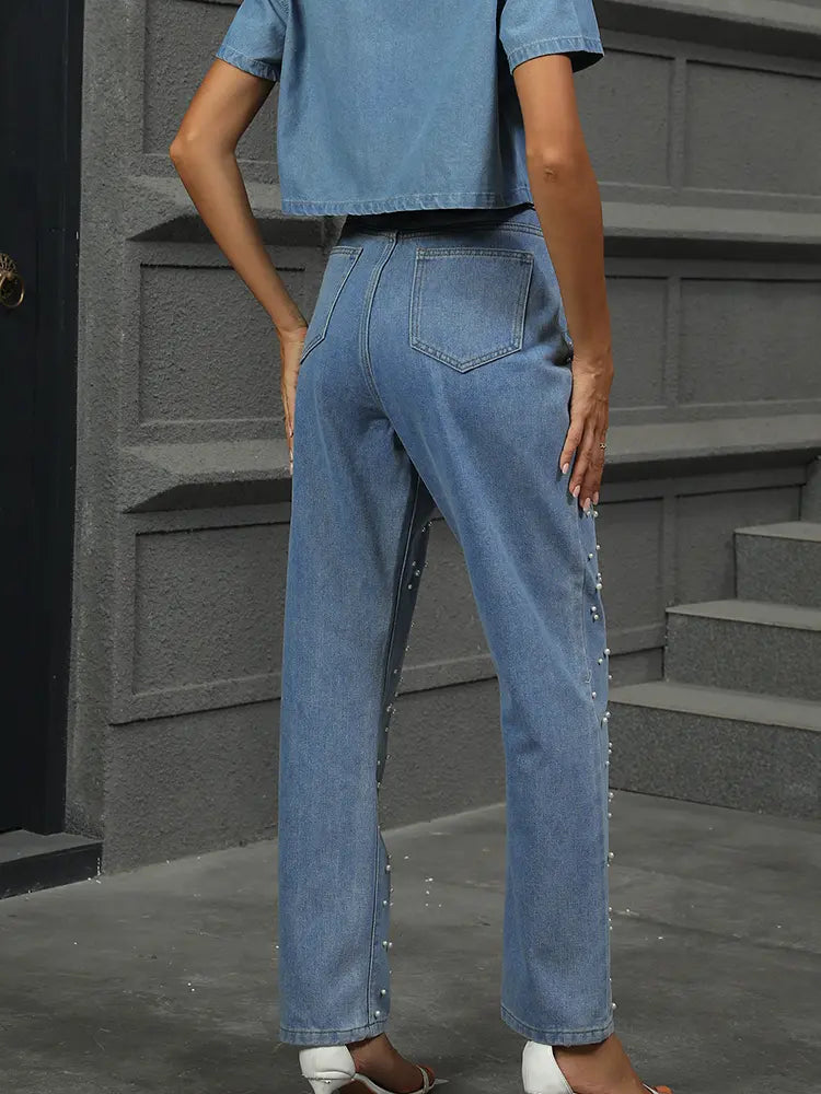 Pearl-Embellished Straight-Leg Denim Pants