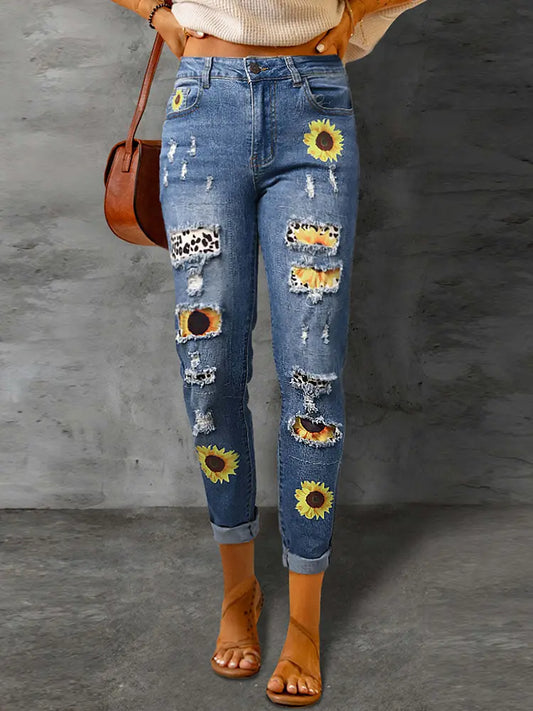 Sunny Muse Slim Fit Sunflower Patch Jeans