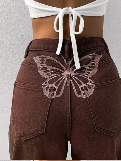 Butterfly Muse High-Waisted Artistic Denim Pants