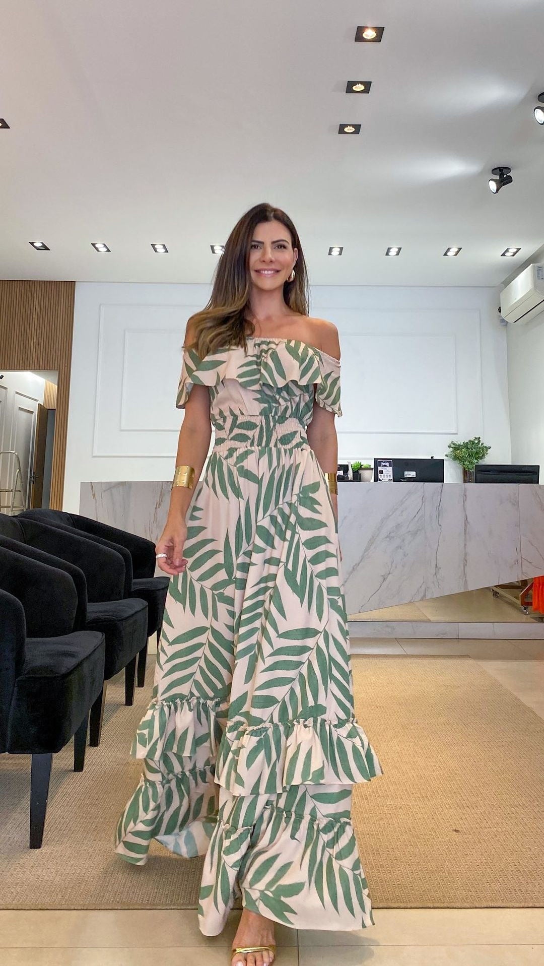 One Sleeve Palm Printed Self-Tie Tiered Maxi Dress - Airnori