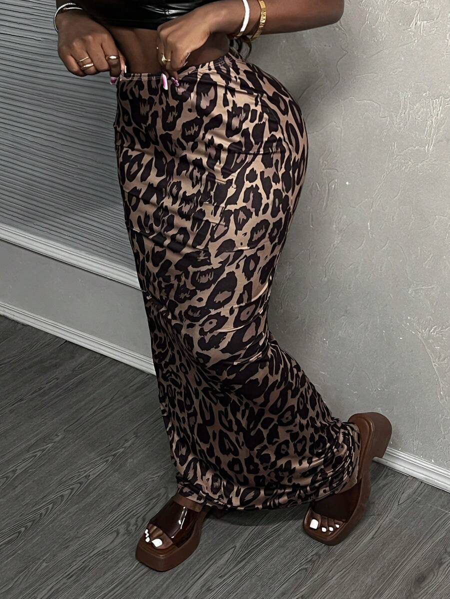 Leopard Curve Split Skirt